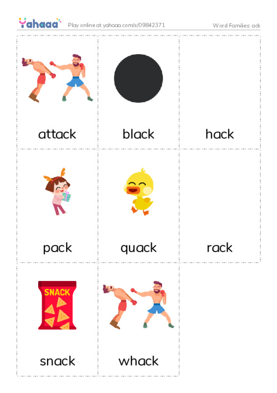 Word Families: ack PDF flaschards with images