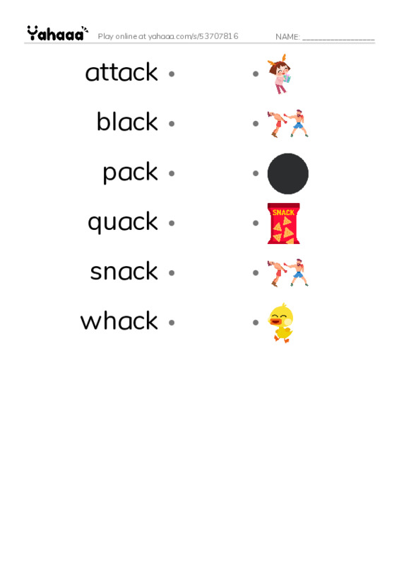 Word Families: ack PDF link match words worksheet