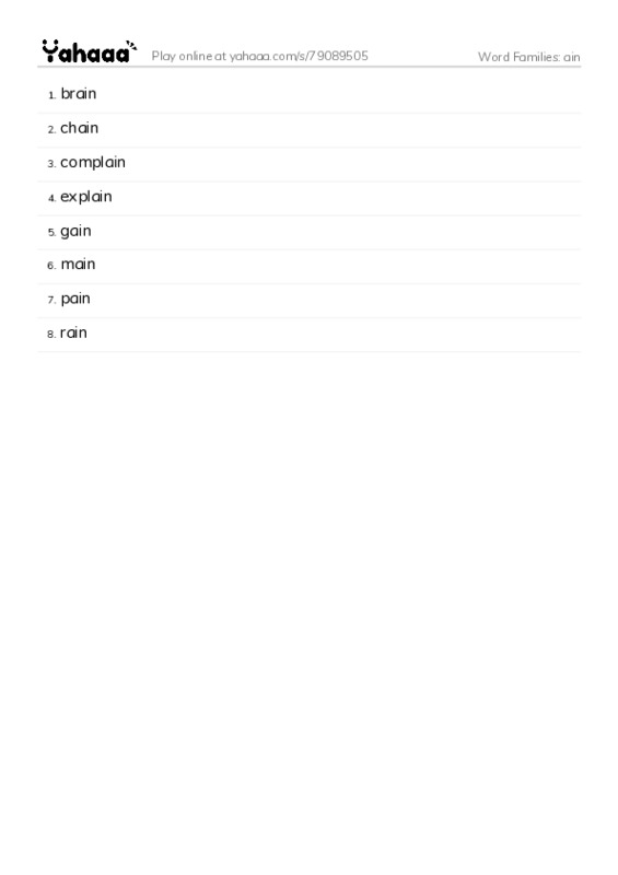 Word Families: ain PDF words glossary