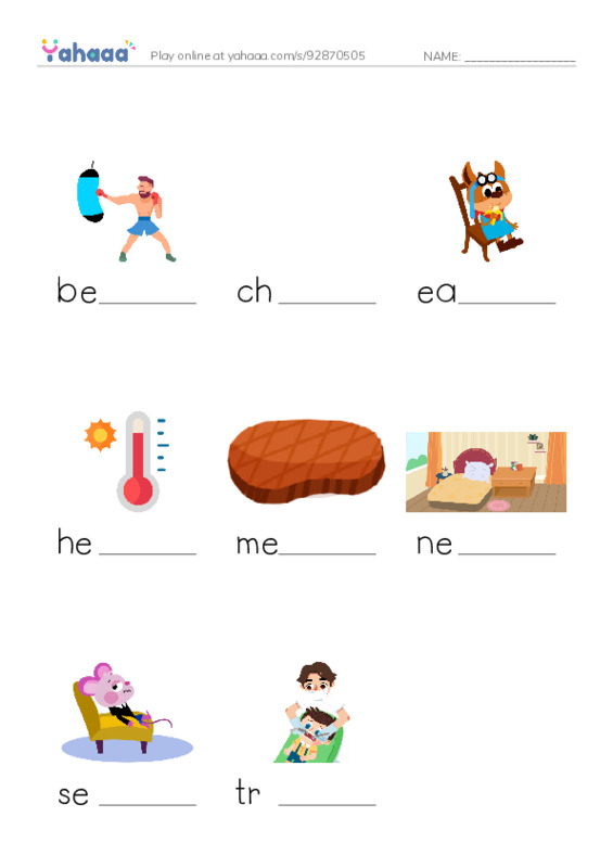 Word Families: eat PDF worksheet to fill in words gaps