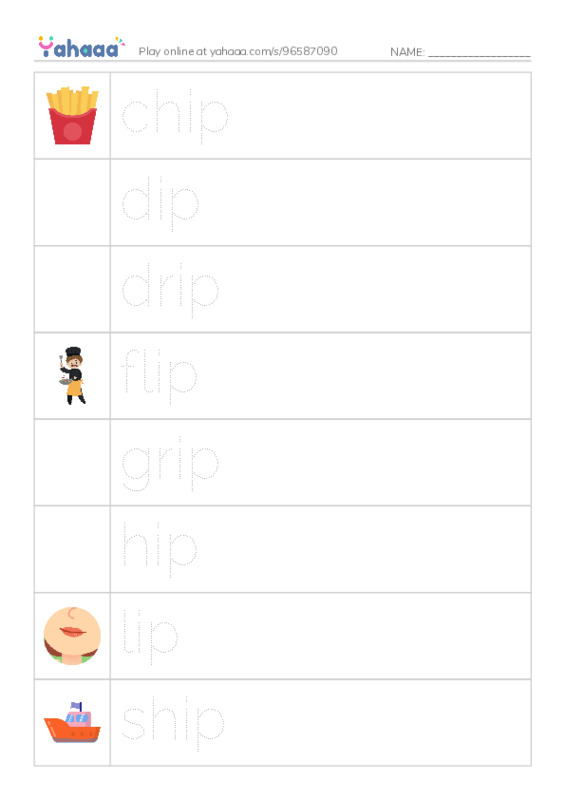 Word Families: ip PDF one column image words