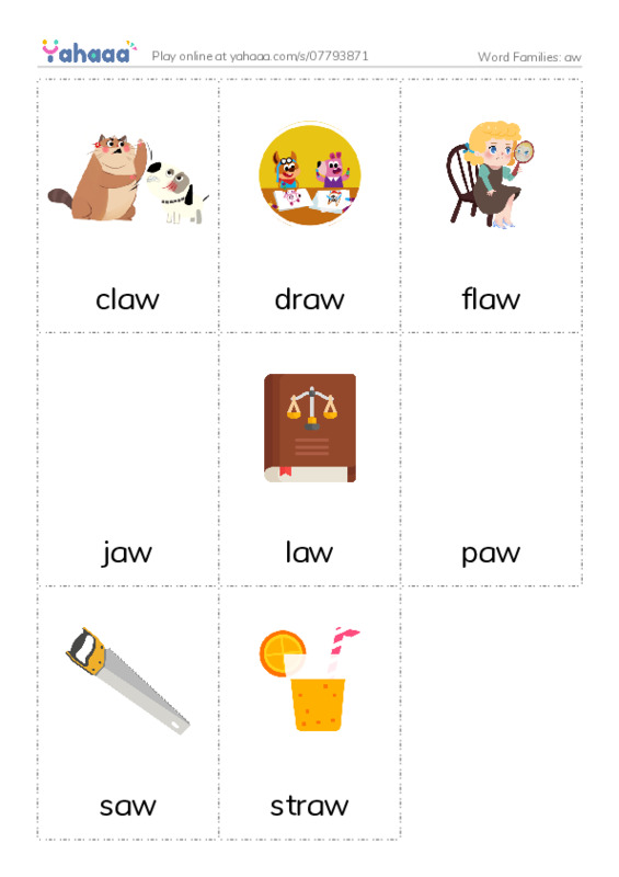 Word Families: aw PDF flaschards with images
