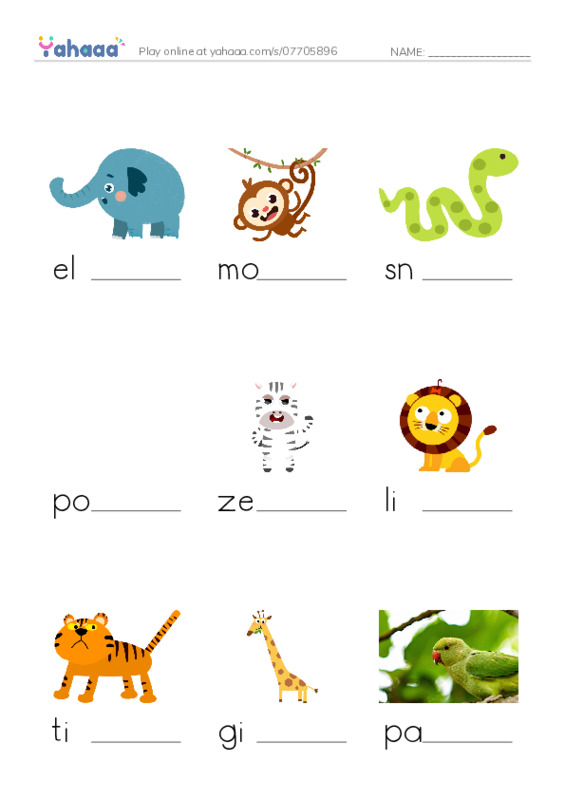 Wild Animals PDF worksheet to fill in words gaps