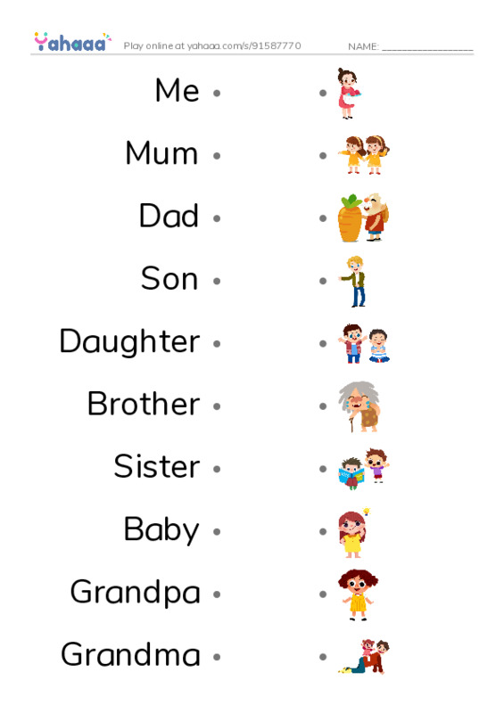 My Family PDF link match words worksheet