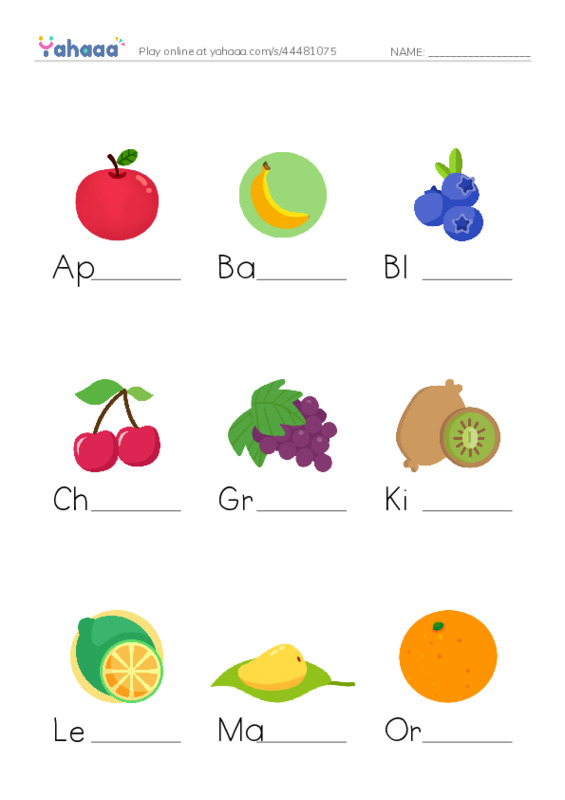 Fruit PDF worksheet to fill in words gaps