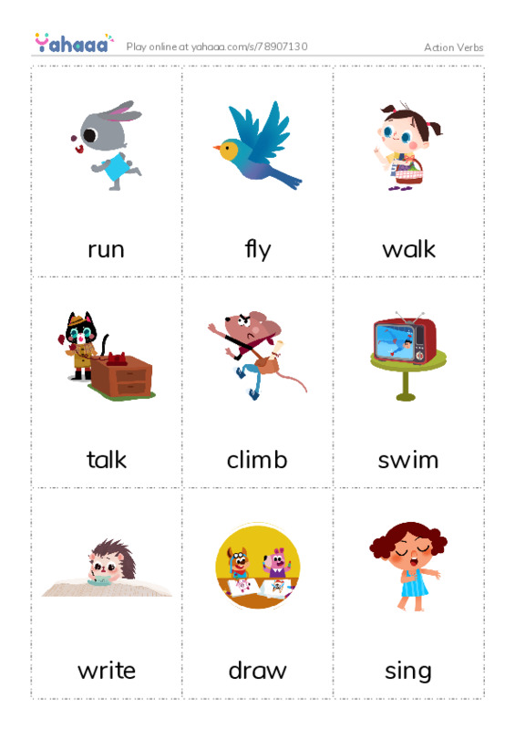 Action Verbs PDF flaschards with images