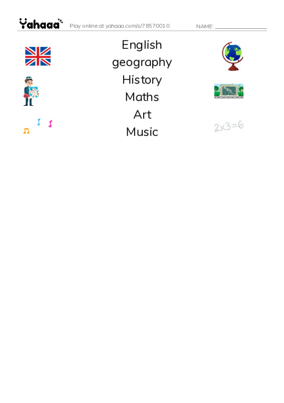 SCHOOL SUBJECTS PDF three columns match words