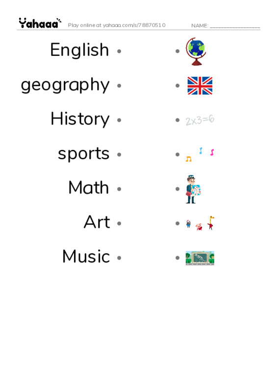 School subjects PDF link match words worksheet