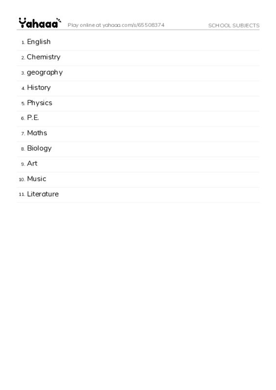 School subjects PDF words glossary