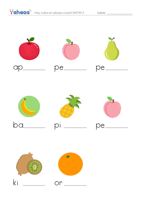 Common fruits PDF worksheet to fill in words gaps