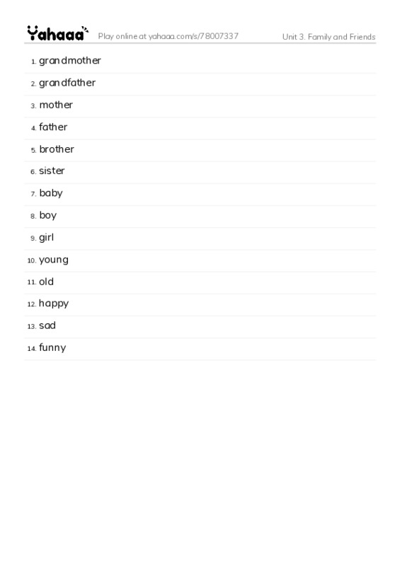 Unit 3. Family and Friends PDF words glossary
