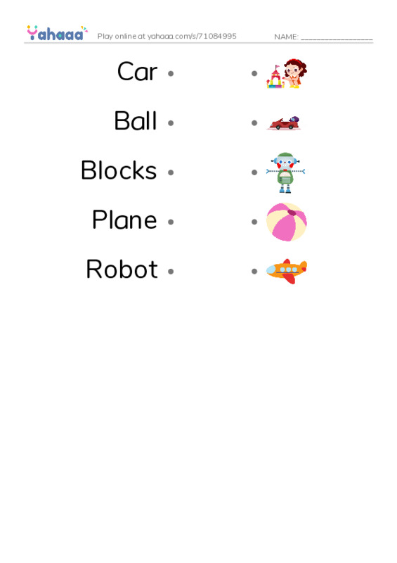 Toys PDF link match words worksheet