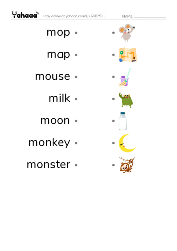 Words to pronounce M PDF link match words worksheet