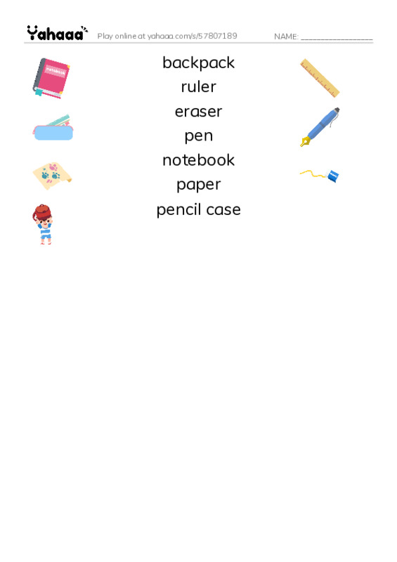 School supplies PDF three columns match words