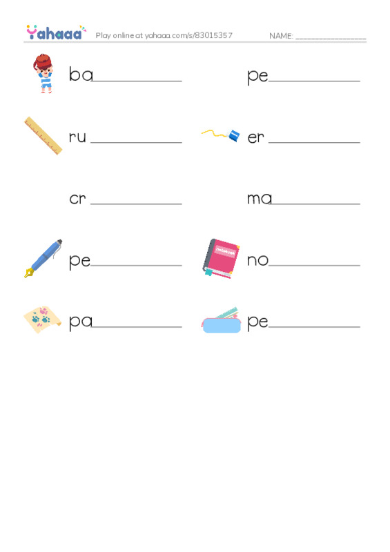 School supplies PDF worksheet writing row