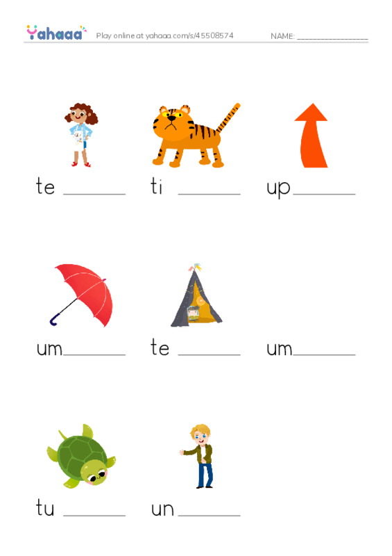 Review letter T and U PDF worksheet to fill in words gaps