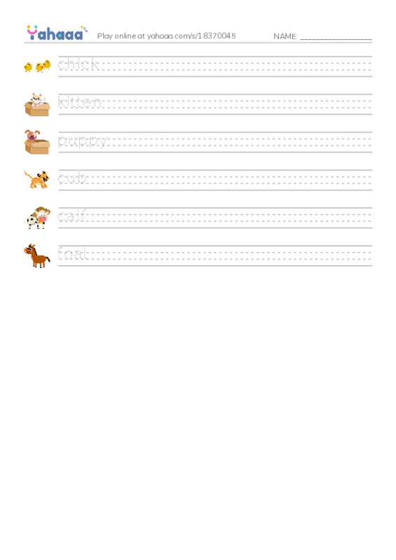 Baby animals PDF write between the lines worksheet
