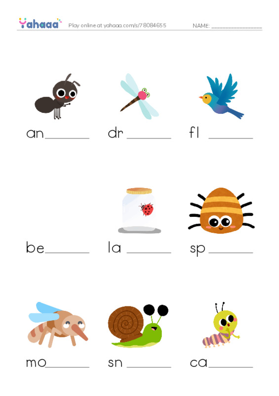 insects PDF worksheet to fill in words gaps