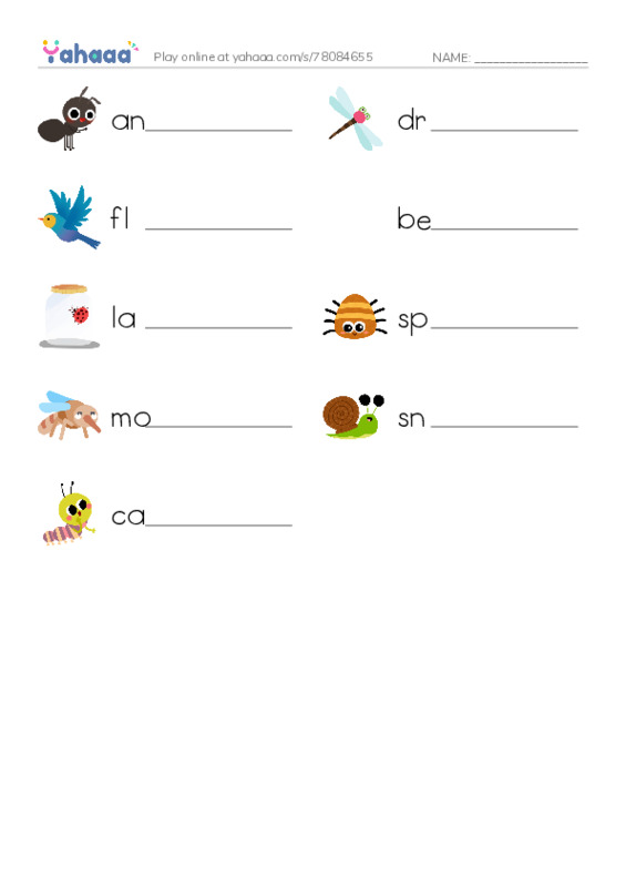 insects PDF worksheet writing row
