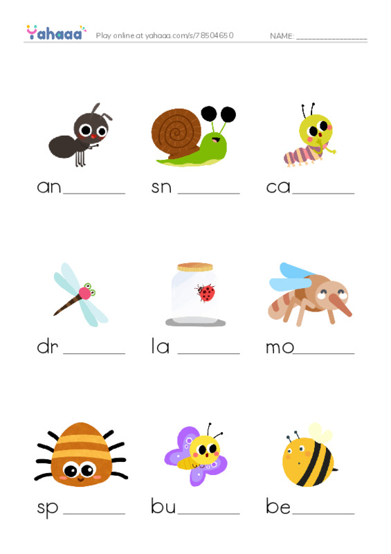insects PDF worksheet to fill in words gaps