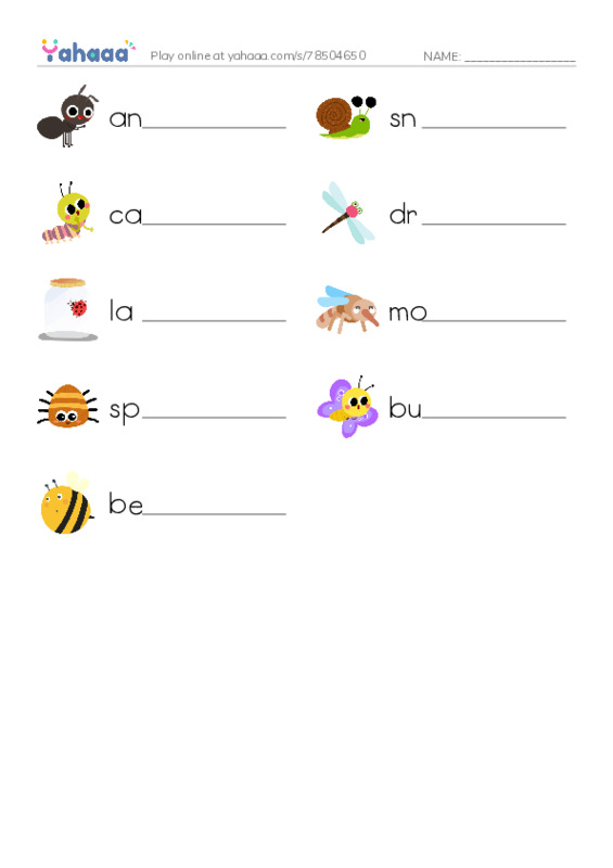insects PDF worksheet writing row