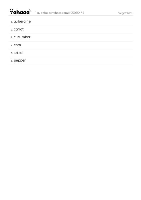 Vegetables PDF words glossary