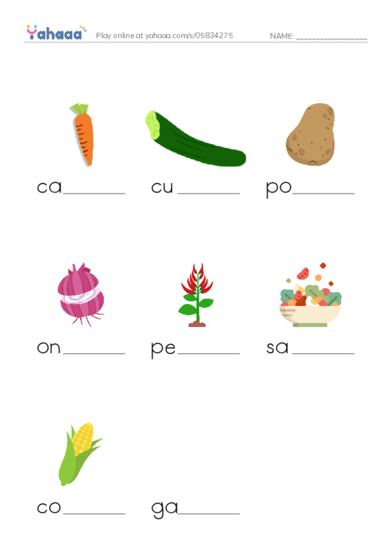 vegetables PDF worksheet to fill in words gaps