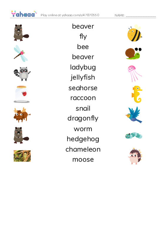 Animals  PDF three columns match words