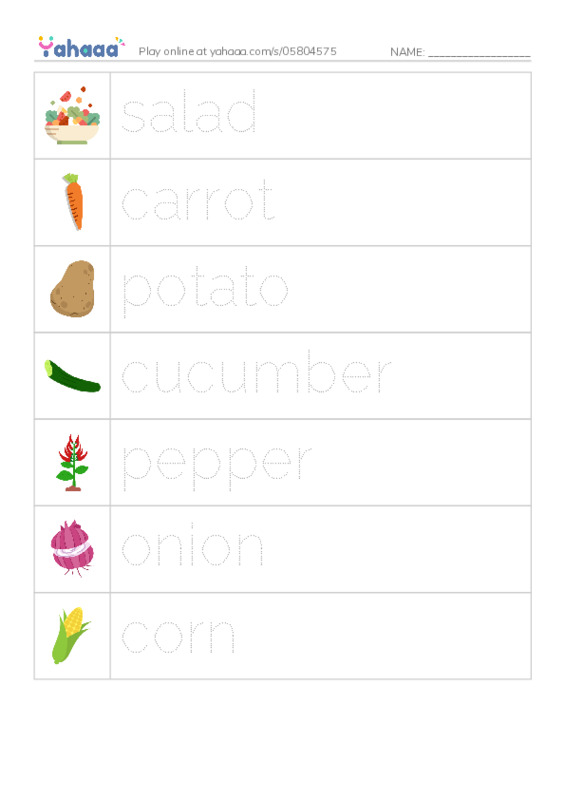 Common vegetables PDF one column image words