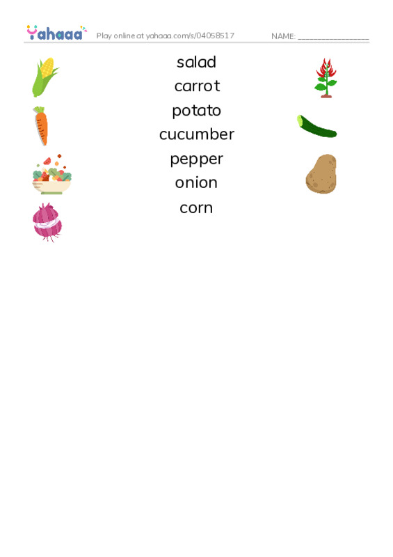 Common vegetables PDF three columns match words