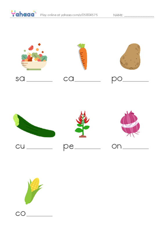 Common vegetables PDF worksheet to fill in words gaps