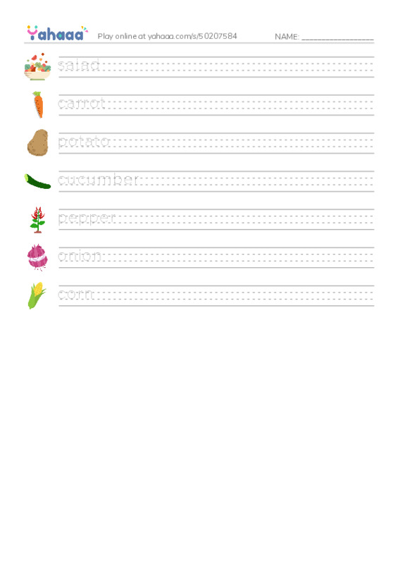 Common vegetables PDF write between the lines worksheet