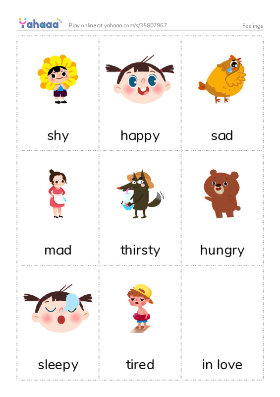 Feelings words PDF flaschards with images