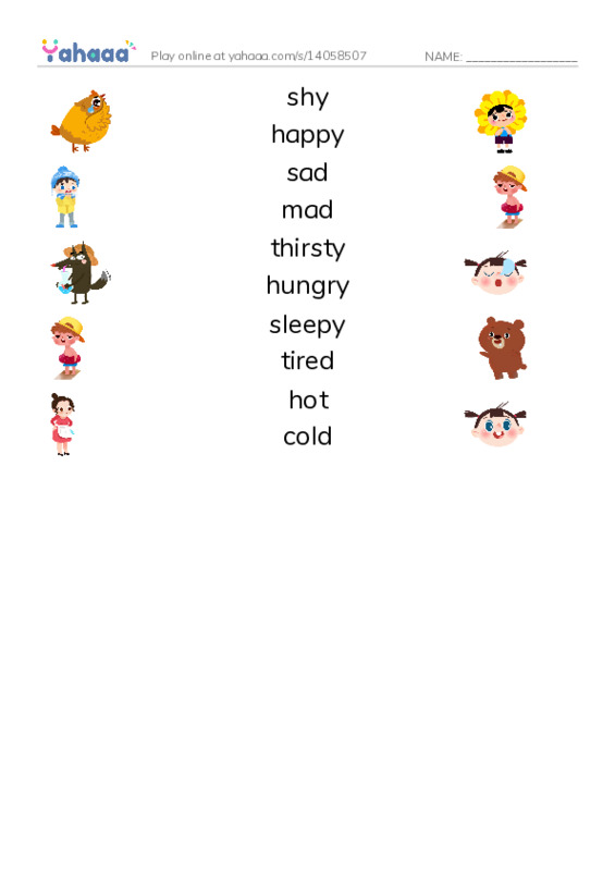 Feelings words PDF three columns match words