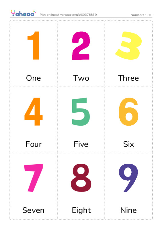 Numbers 1-10 PDF flaschards with images