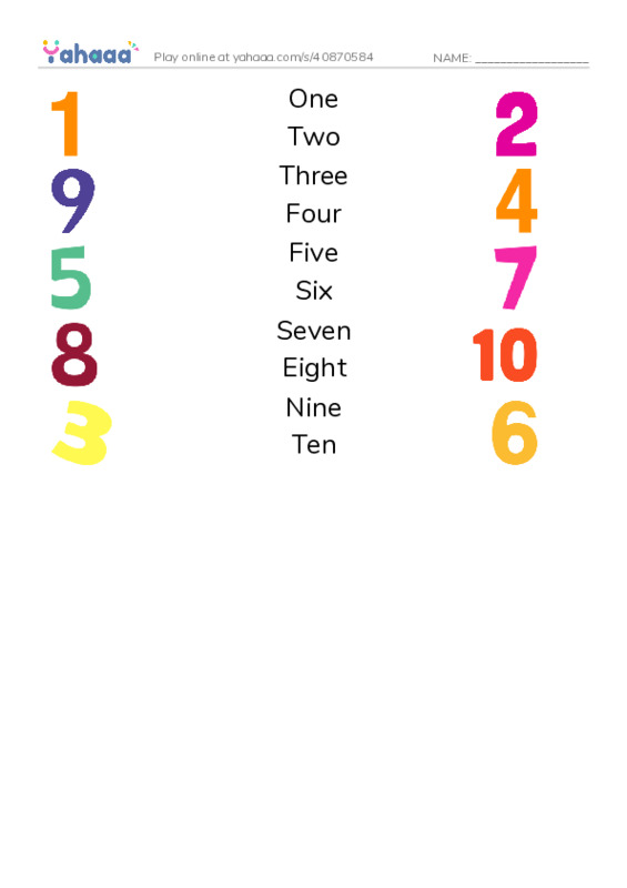 Numbers 1-10 PDF three columns match words