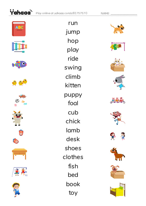 Review 1 ((I can, Baby animals, My room)  PDF three columns match words