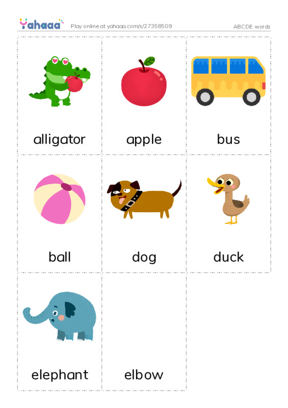 ABCDE words PDF flaschards with images