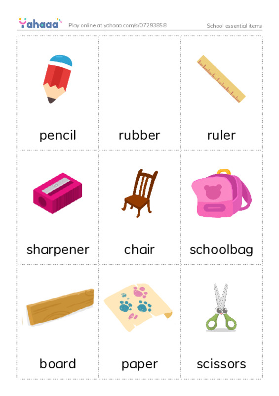 School essential items PDF flaschards with images