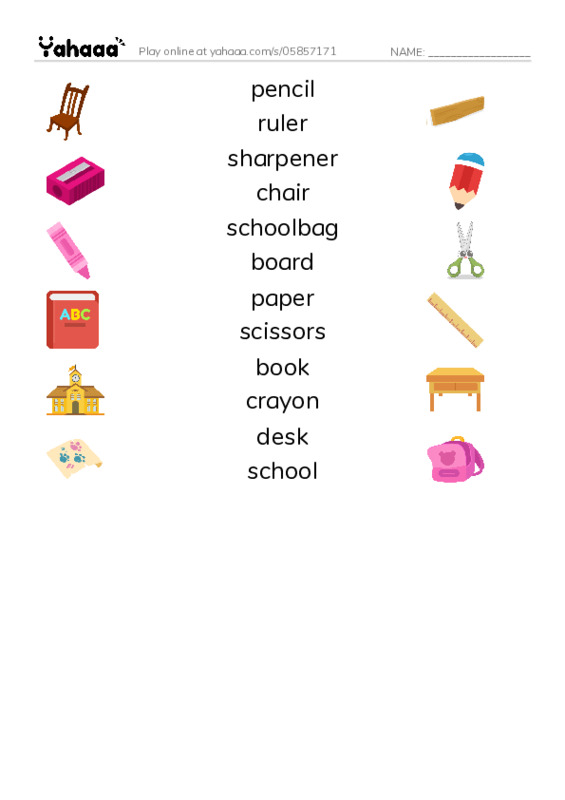 School essential items PDF three columns match words