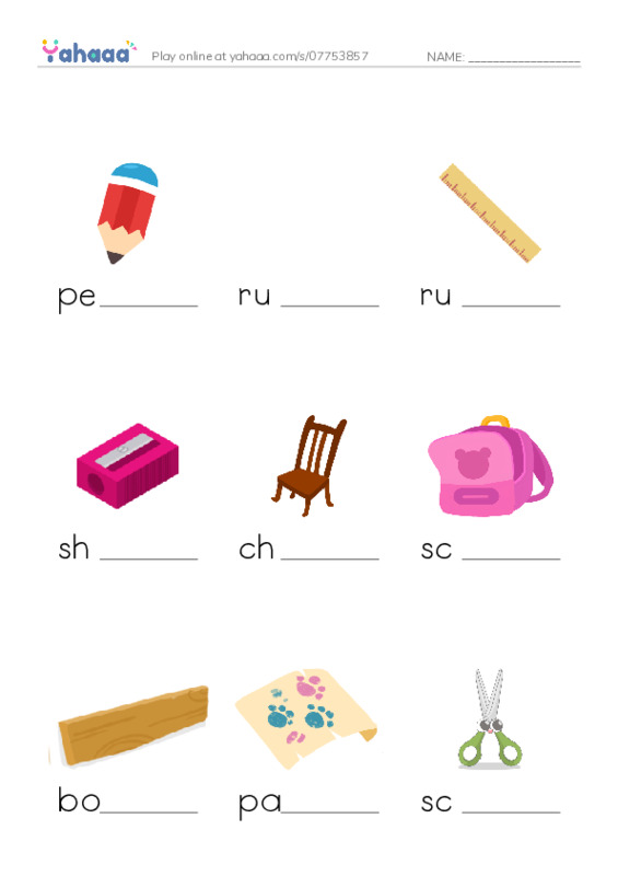 School essential items PDF worksheet to fill in words gaps