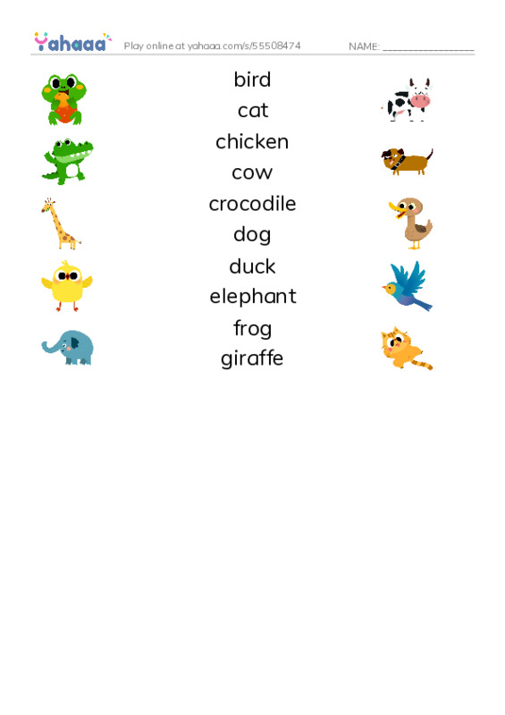 Common animals PDF three columns match words
