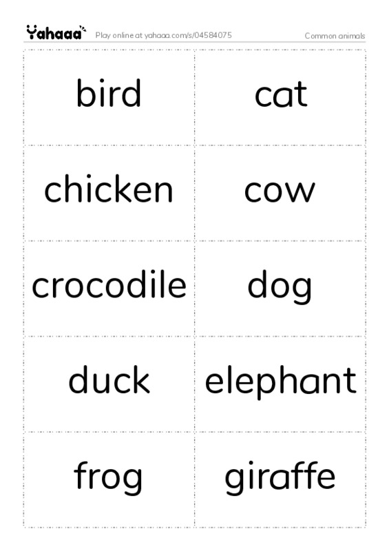 Common animals PDF two columns flashcards
