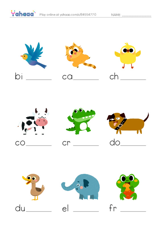 Common animals PDF worksheet to fill in words gaps