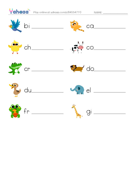 Common animals PDF worksheet writing row