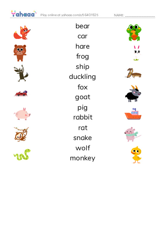 Toys and Animals PDF three columns match words