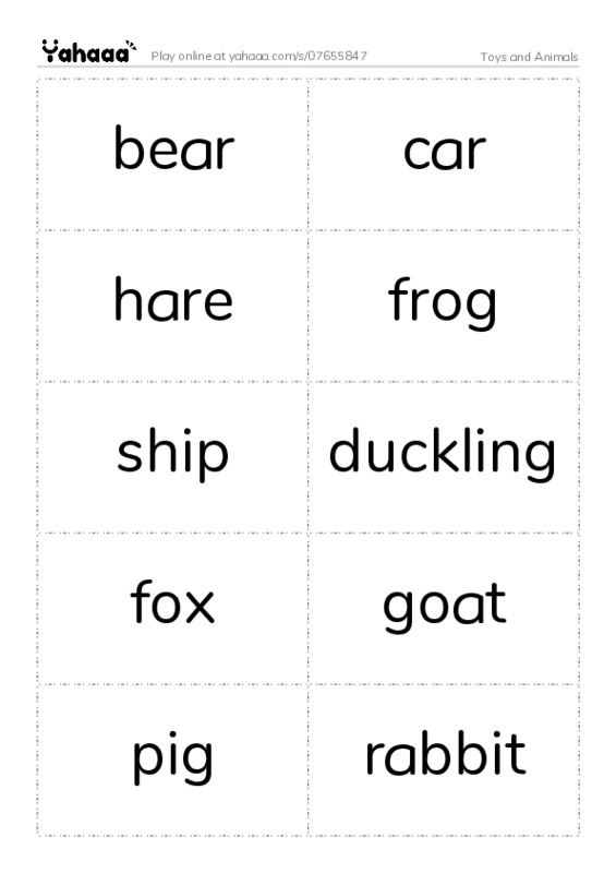 Toys and Animals PDF two columns flashcards