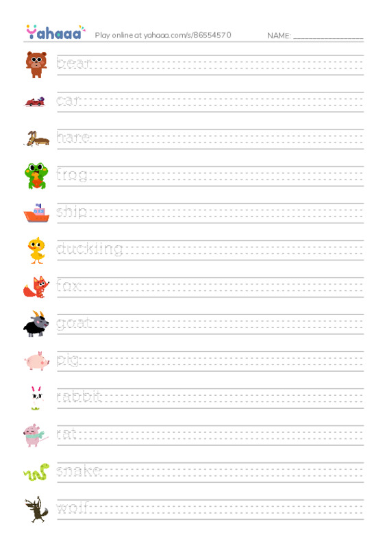 Toys and Animals PDF write between the lines worksheet