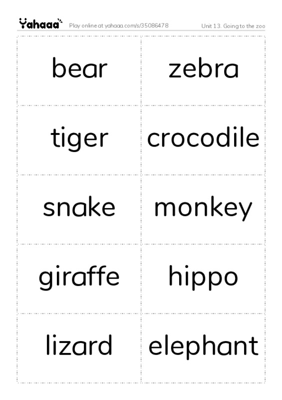 Unit 13. Going to the zoo PDF two columns flashcards