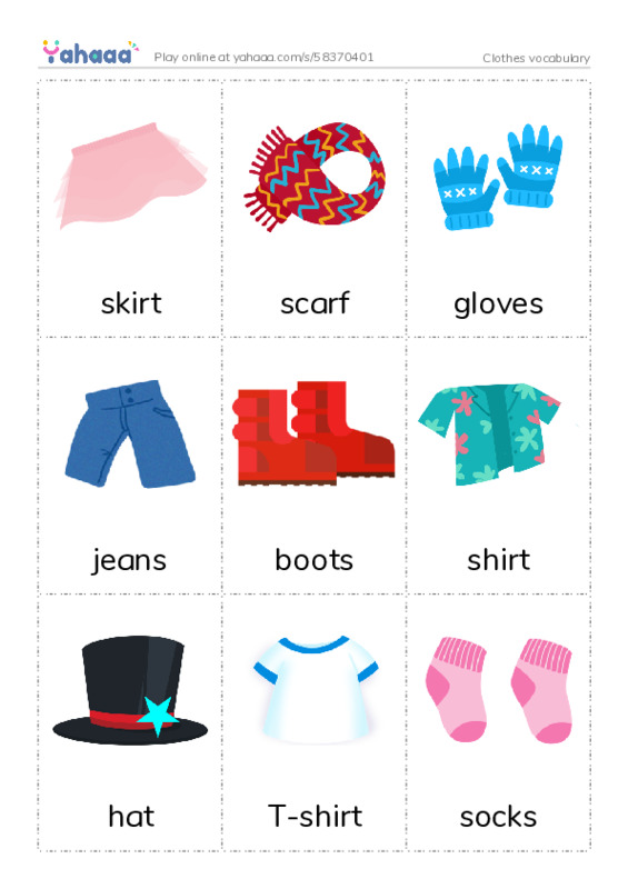 Clothes vocabulary PDF flaschards with images